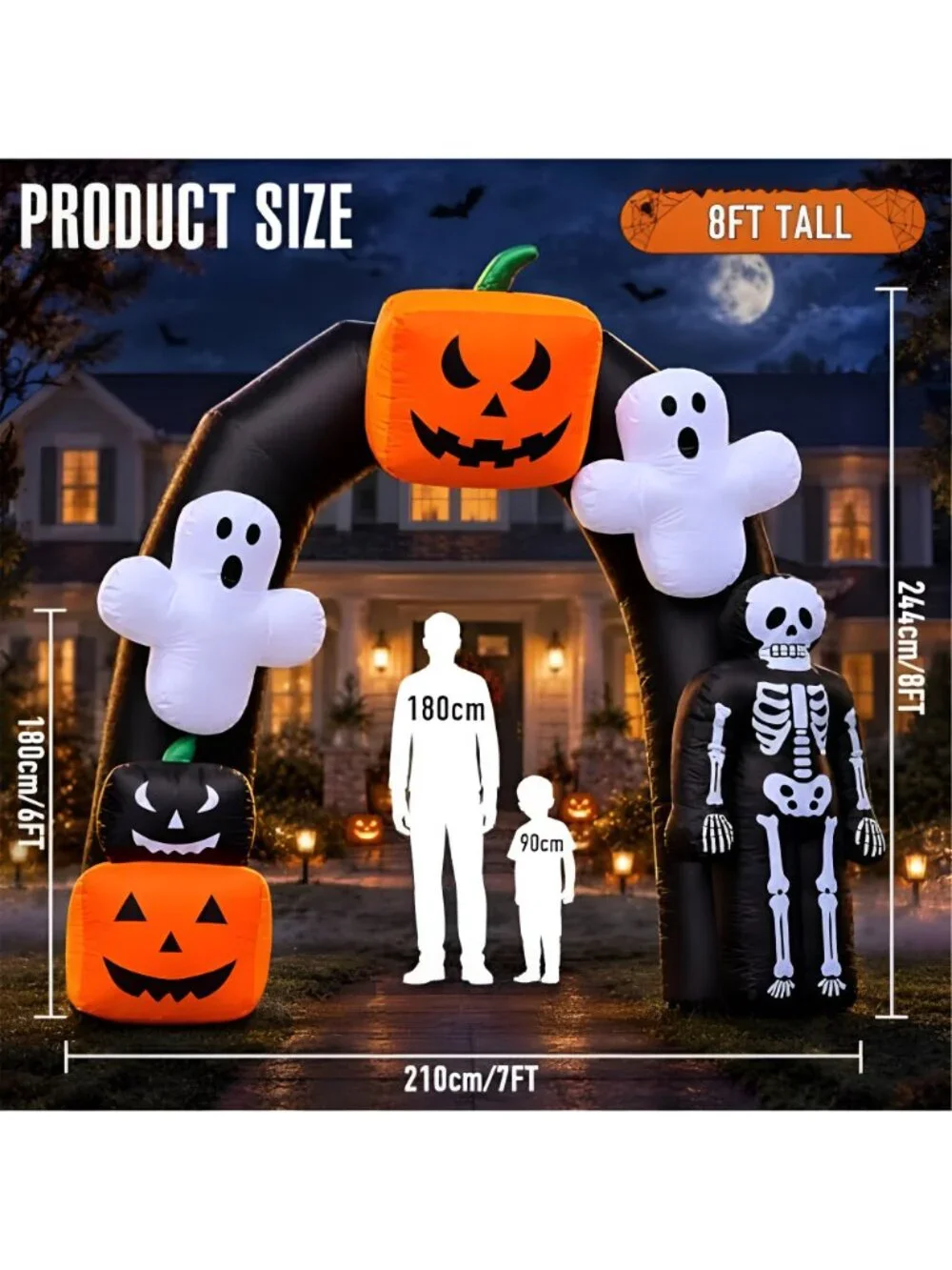 8FT Halloween Inflatable Archway with Pumpkin & Ghost, Built-in LED